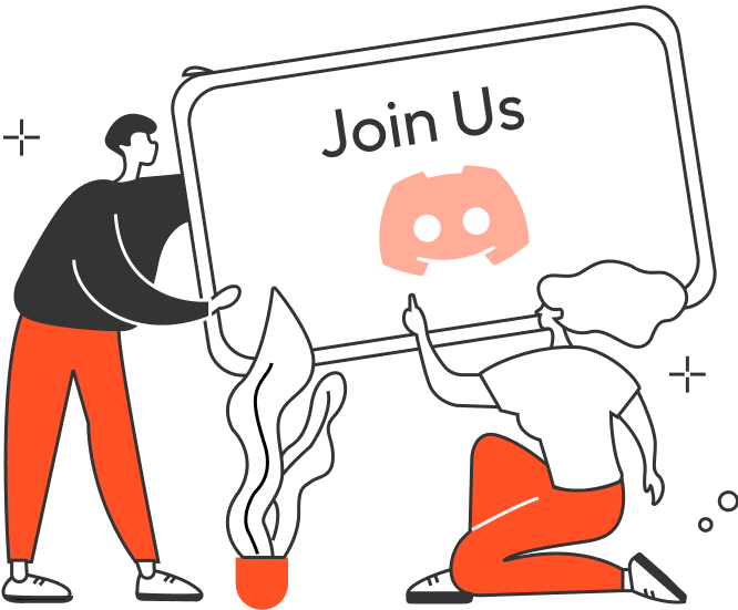 It's an interface guiding to join the Discord community. With the text “Join our discord” and an illustration of two people holding a board with “Join Us” and the Discord logo, it creates an inviting and interactive atmosphere, encouraging users to join and communicate.