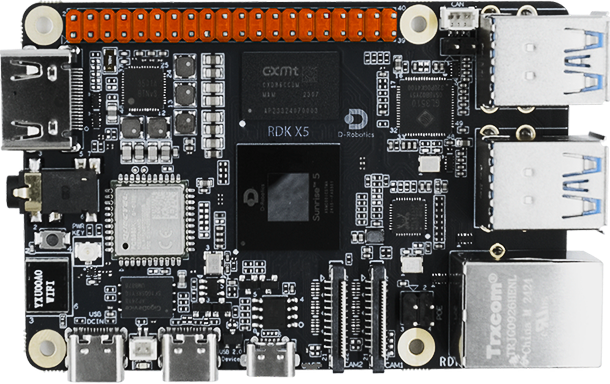 RDK X5 board with Sunrise 5 chip, 10 TOPs computing power, and rich interfaces for AI and robotics.