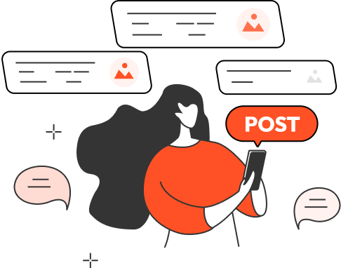 It's an interface for booking a consultation. The text “Book a Consultation” is paired with an illustration: a woman operates on a mobile phone, surrounded by chat bubbles and a “POST” button, visually showing the scenario of booking a consultation via online communication.